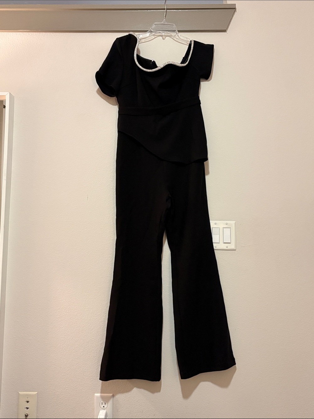Fehaute Black Asymmetrical Rhinestone Wide Leg Jumpsuit SZ 4 NWT - Picture 2 of 6